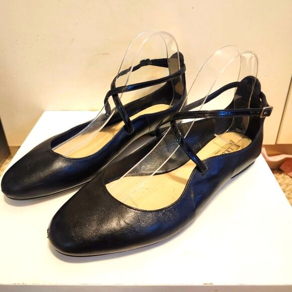 L.K. Bennett "Nessie" Criss Cross Black Leather Ballet Flats Sz.7.5/37.5 Ret$285 - Picture 1 of 8